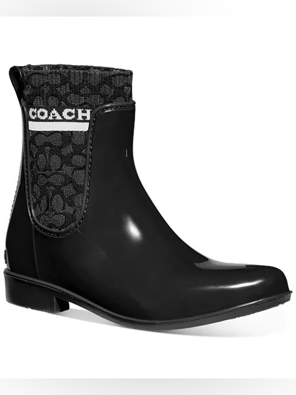 Coach Black Patent Ankle Rain Boots with Signature Knit Panel, Sz 10 - Picture 6 of 6
